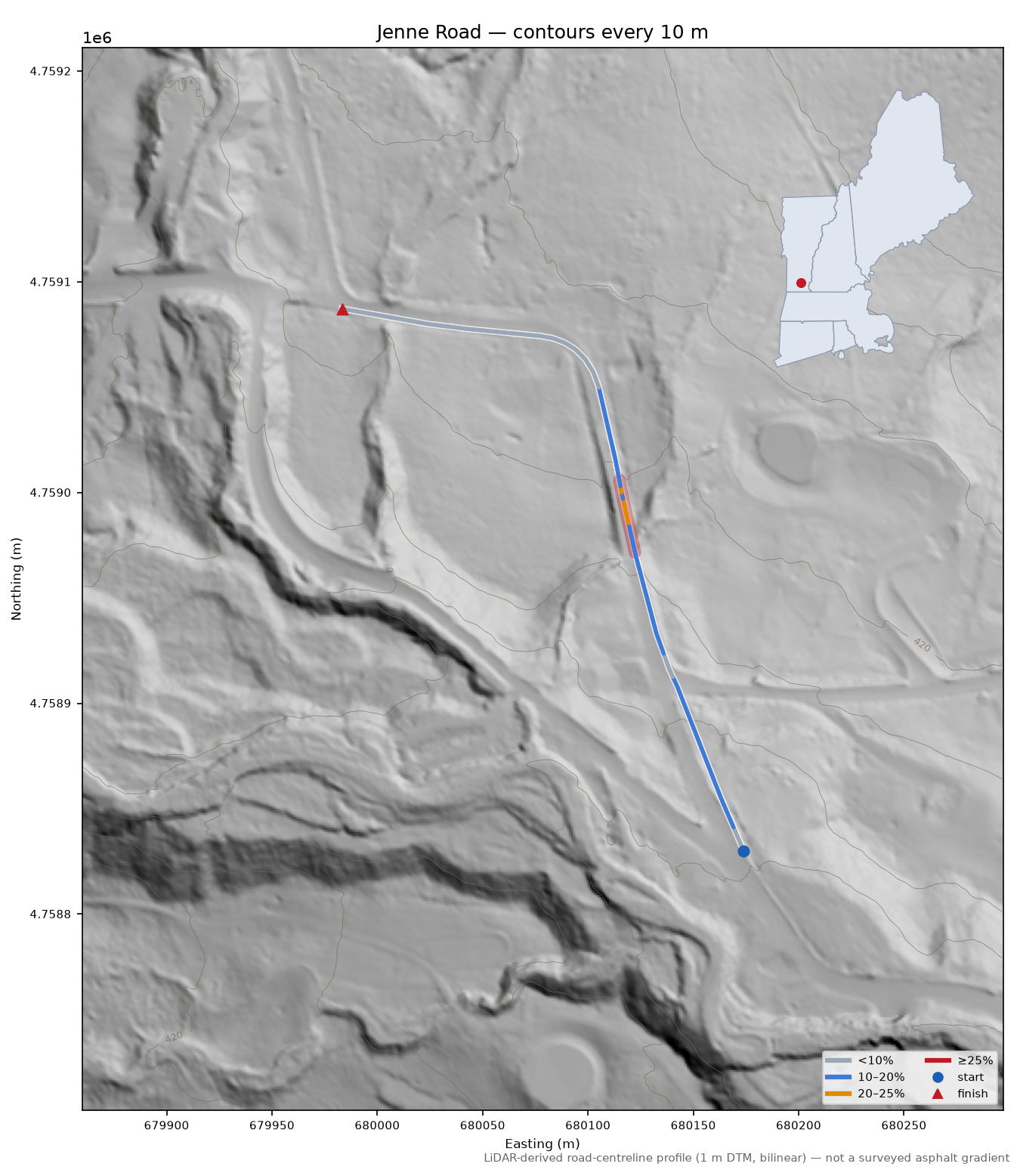 Jenne Road LiDAR hillshade map with contours