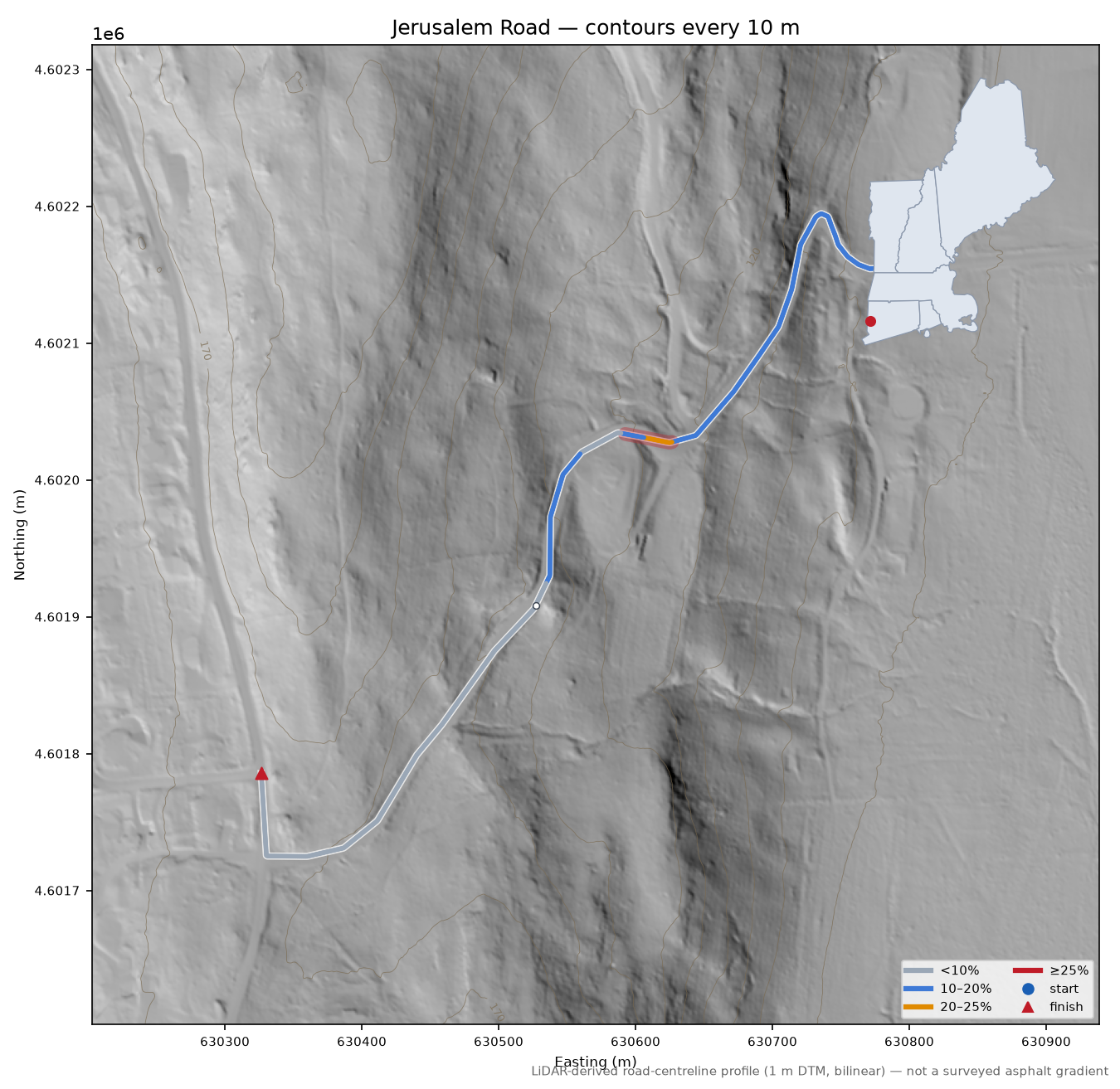 Jerusalem Road LiDAR hillshade map with contours