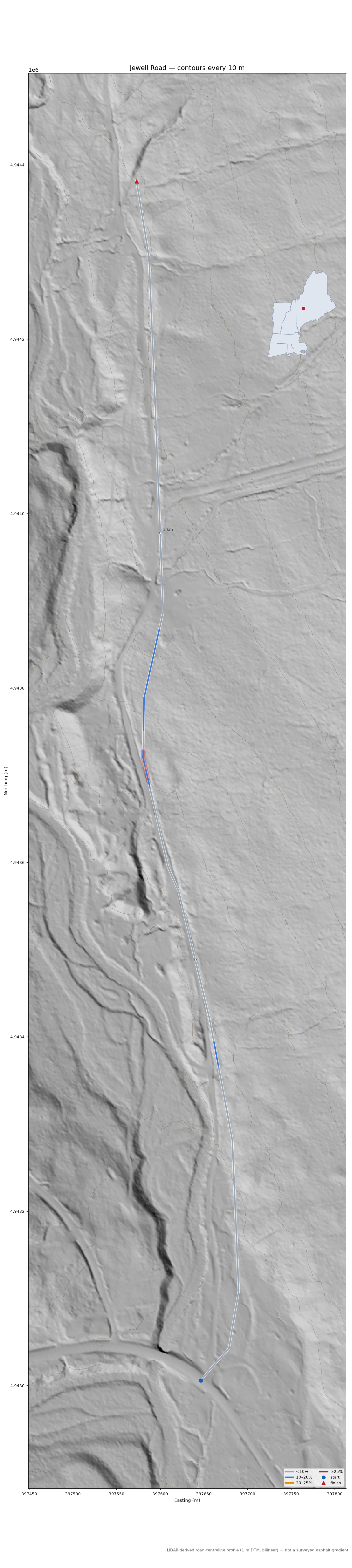 Jewell Road LiDAR hillshade map with contours