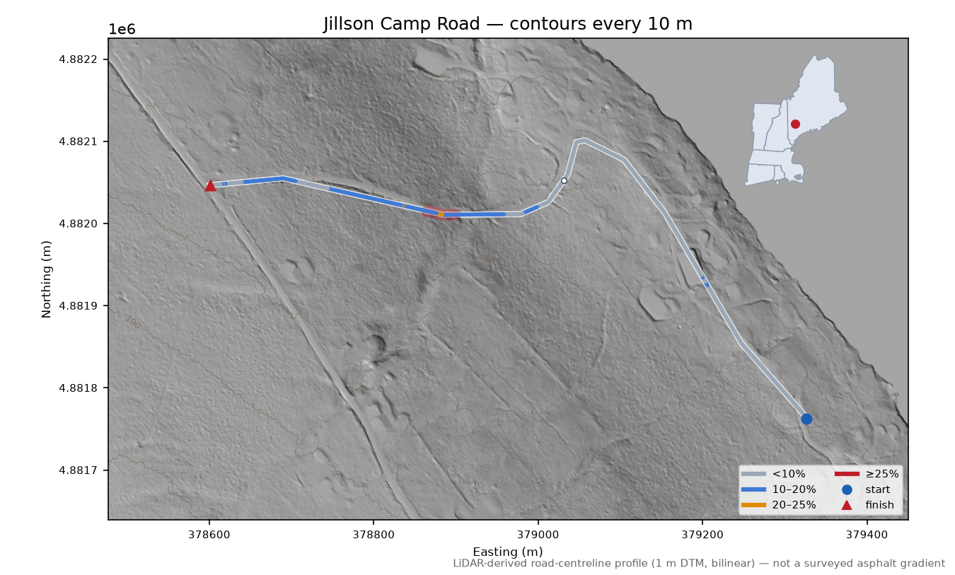 Jillson Camp Road LiDAR hillshade map with contours