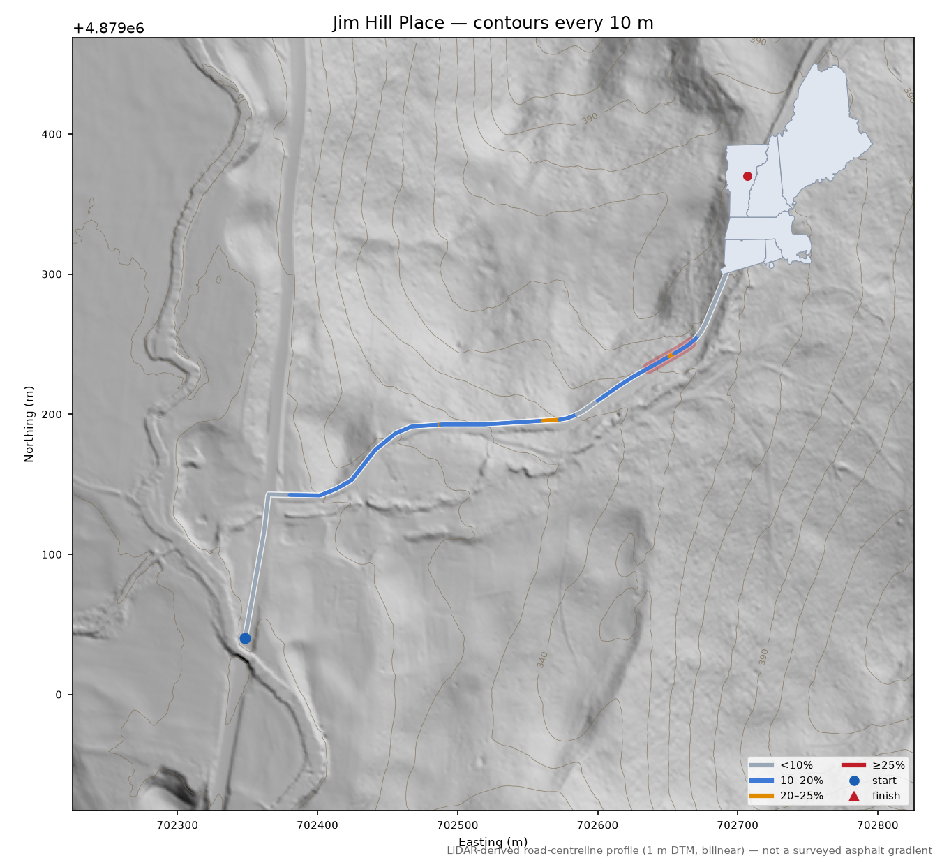 Jim Hill Place LiDAR hillshade map with contours