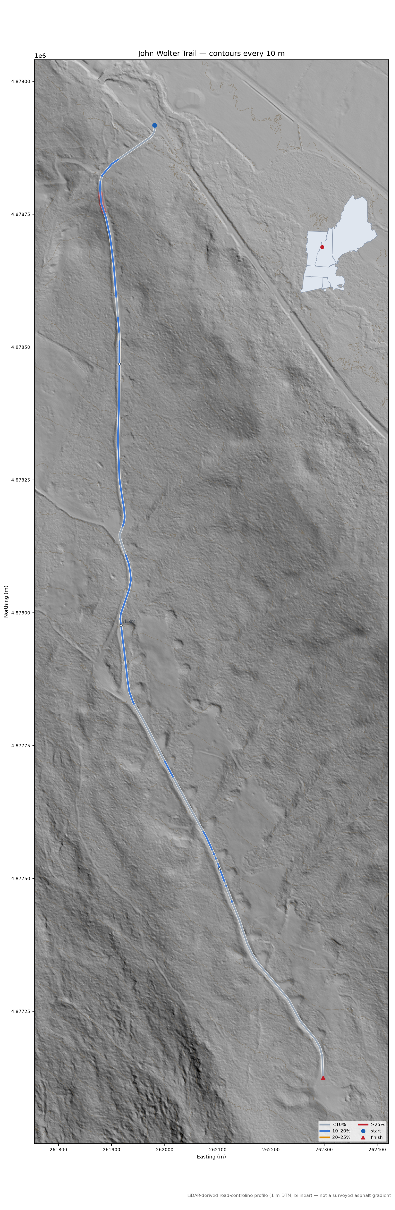 John Wolter Trail LiDAR hillshade map with contours