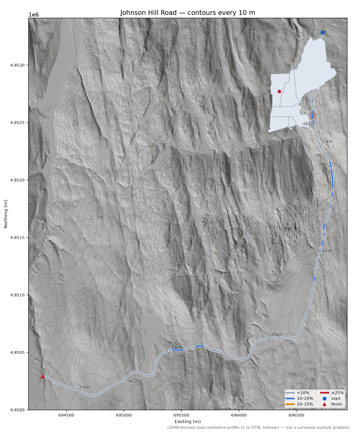 Johnson Hill Road LiDAR hillshade map with contours
