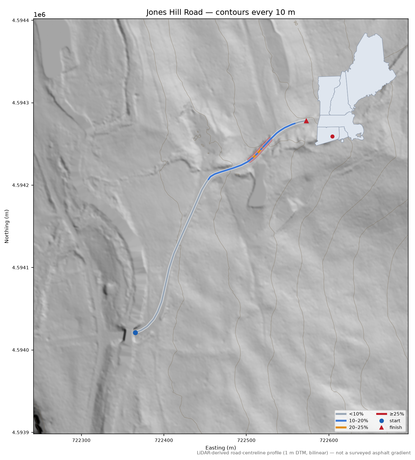 Jones Hill Road LiDAR hillshade map with contours