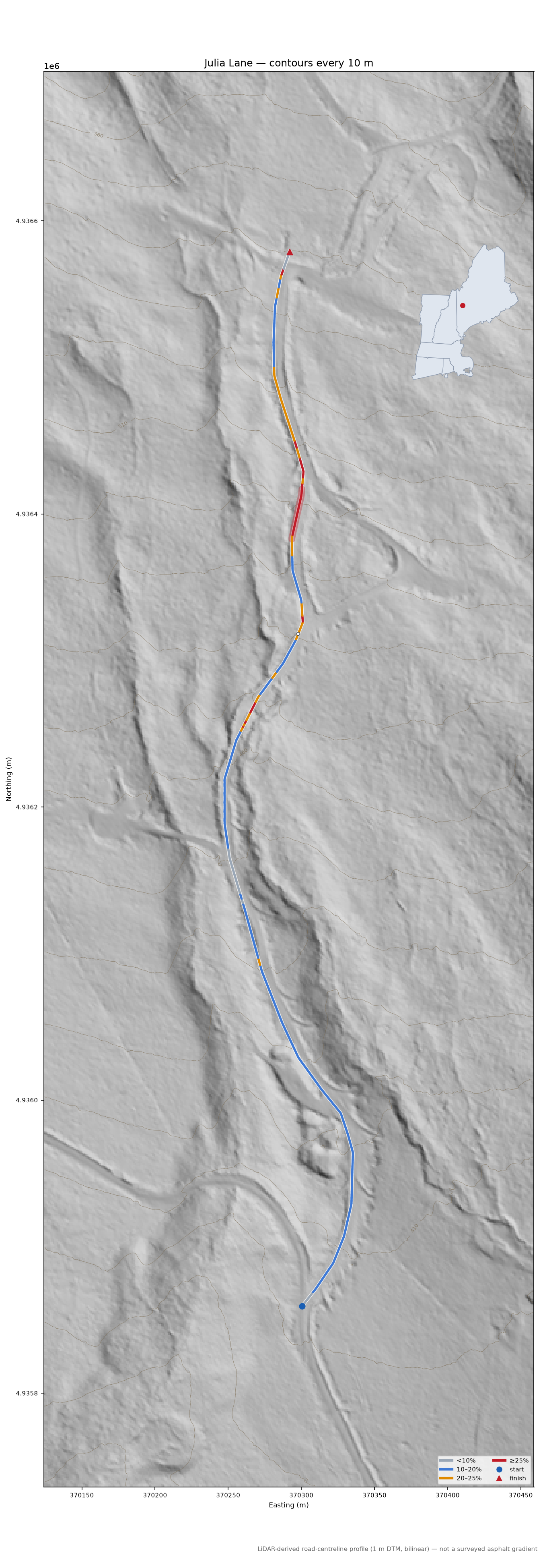Julia Lane LiDAR hillshade map with contours