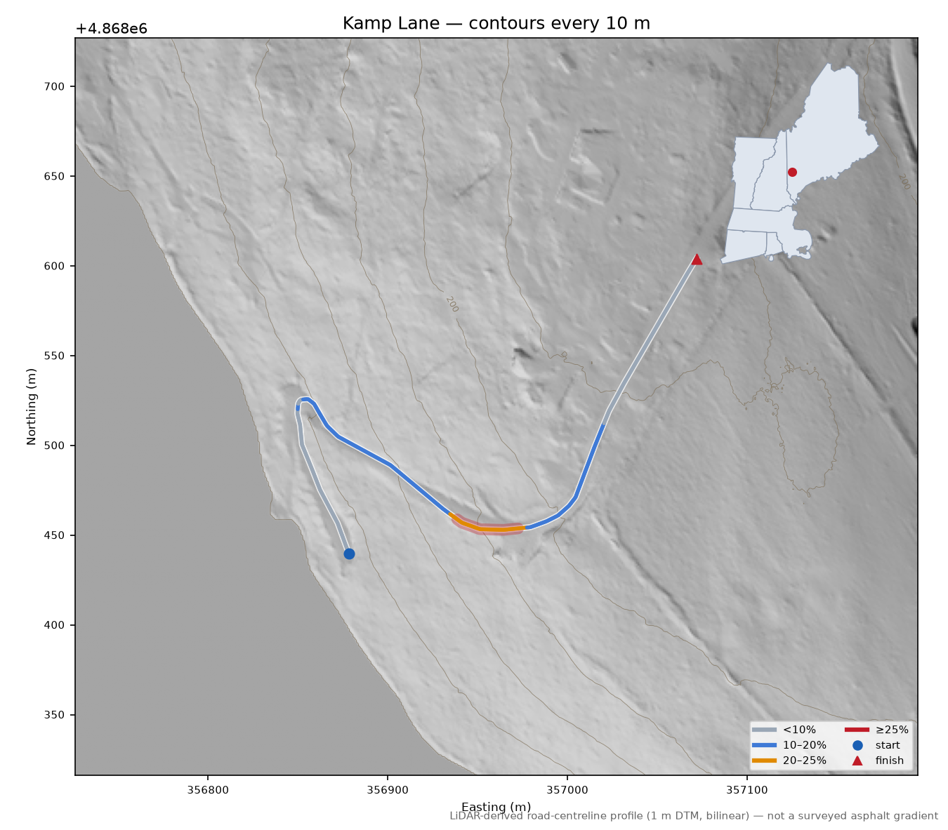Kamp Lane LiDAR hillshade map with contours
