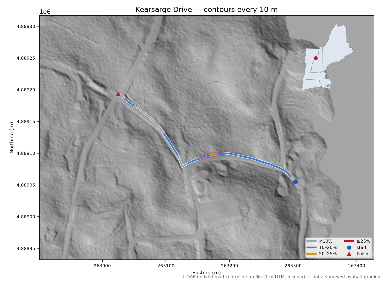 Kearsarge Drive LiDAR hillshade map with contours