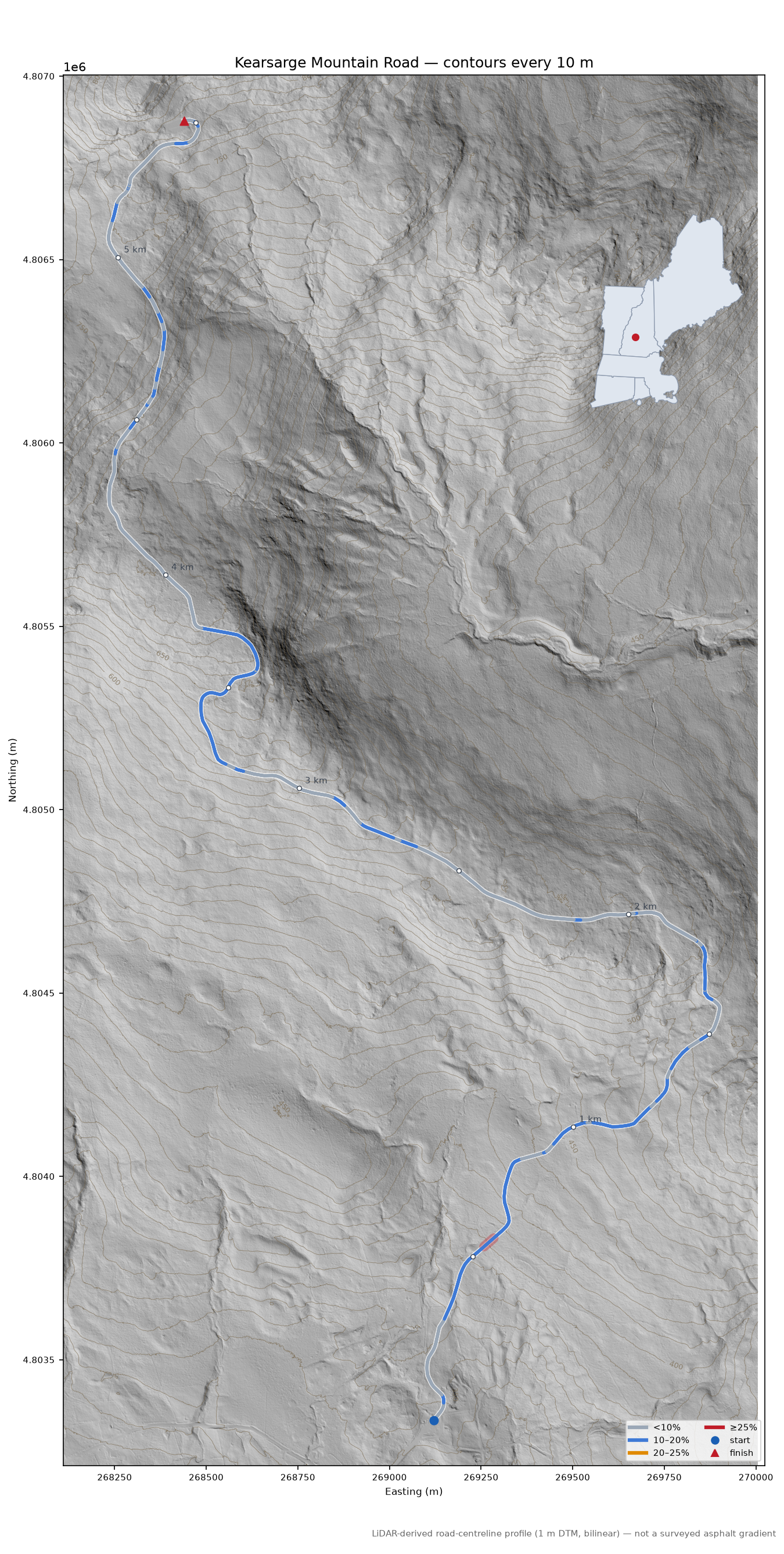 Kearsarge Mountain Road LiDAR hillshade map with contours