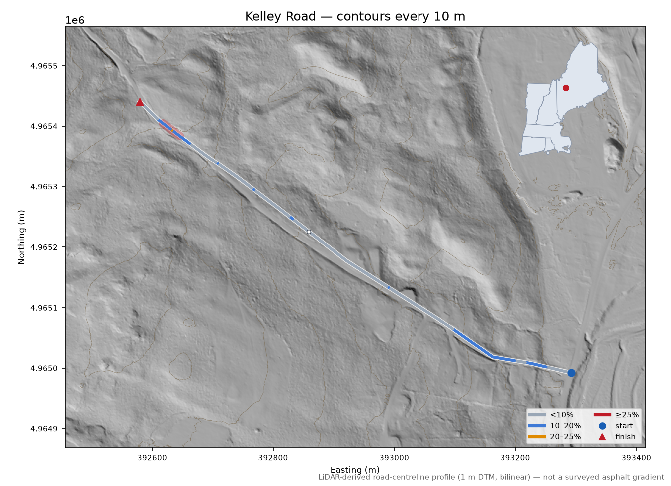 Kelley Road LiDAR hillshade map with contours