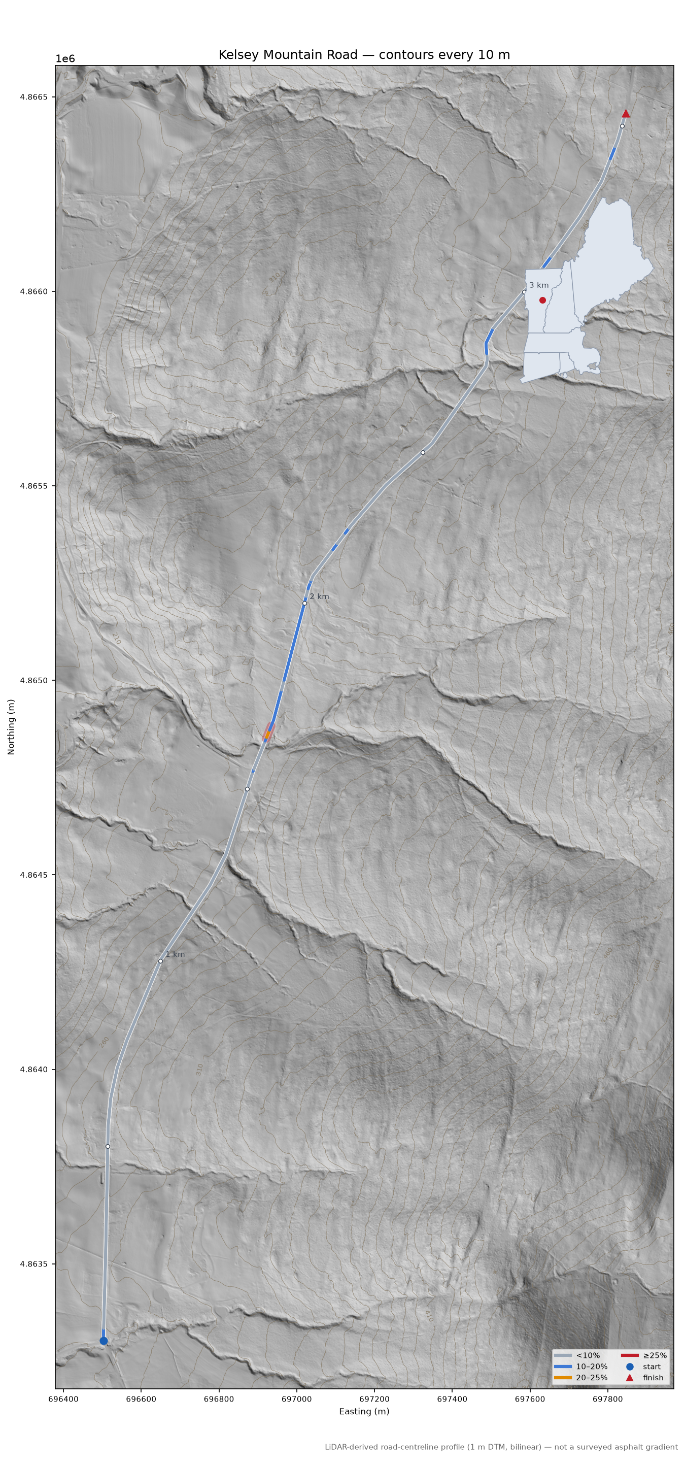 Kelsey Mountain Road LiDAR hillshade map with contours