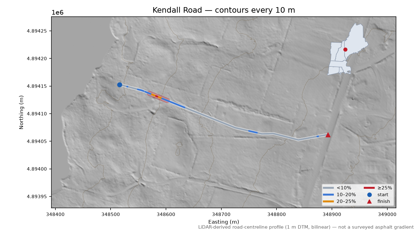 Kendall Road LiDAR hillshade map with contours