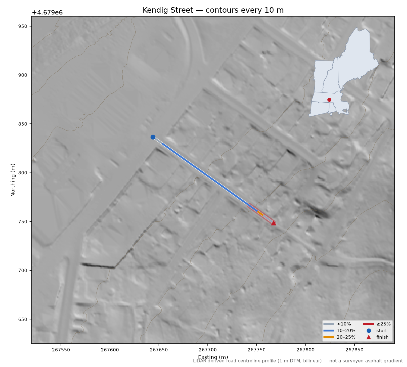Kendig Street LiDAR hillshade map with contours