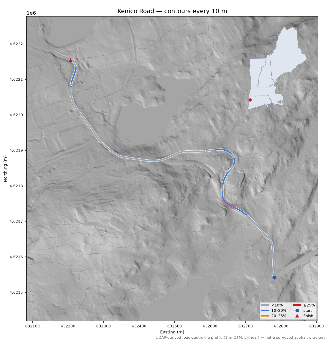 Kenico Road LiDAR hillshade map with contours