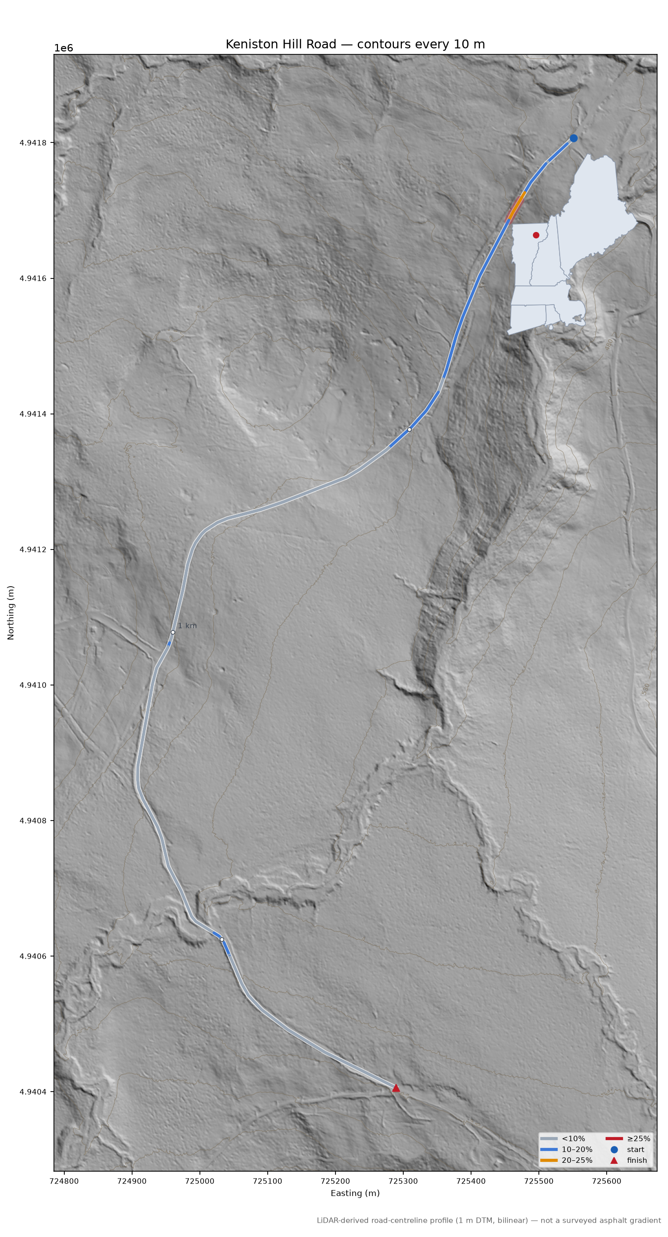 Keniston Hill Road LiDAR hillshade map with contours