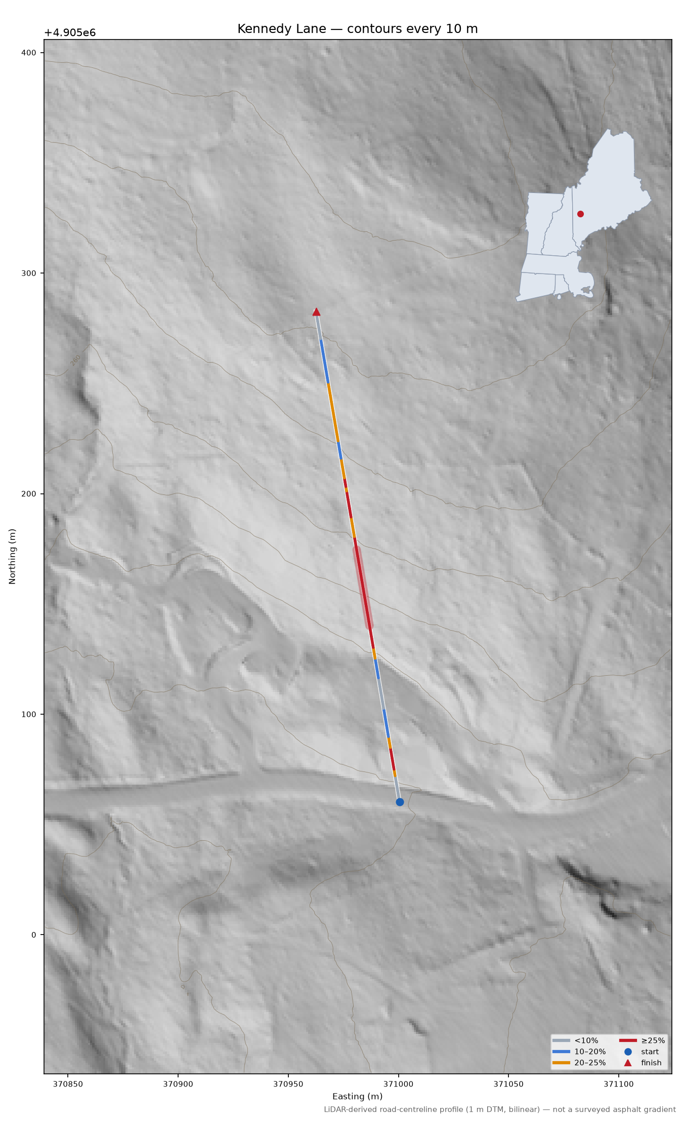 Kennedy Lane LiDAR hillshade map with contours