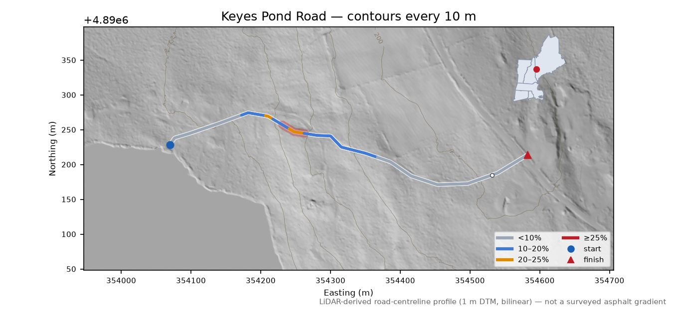 Keyes Pond Road LiDAR hillshade map with contours