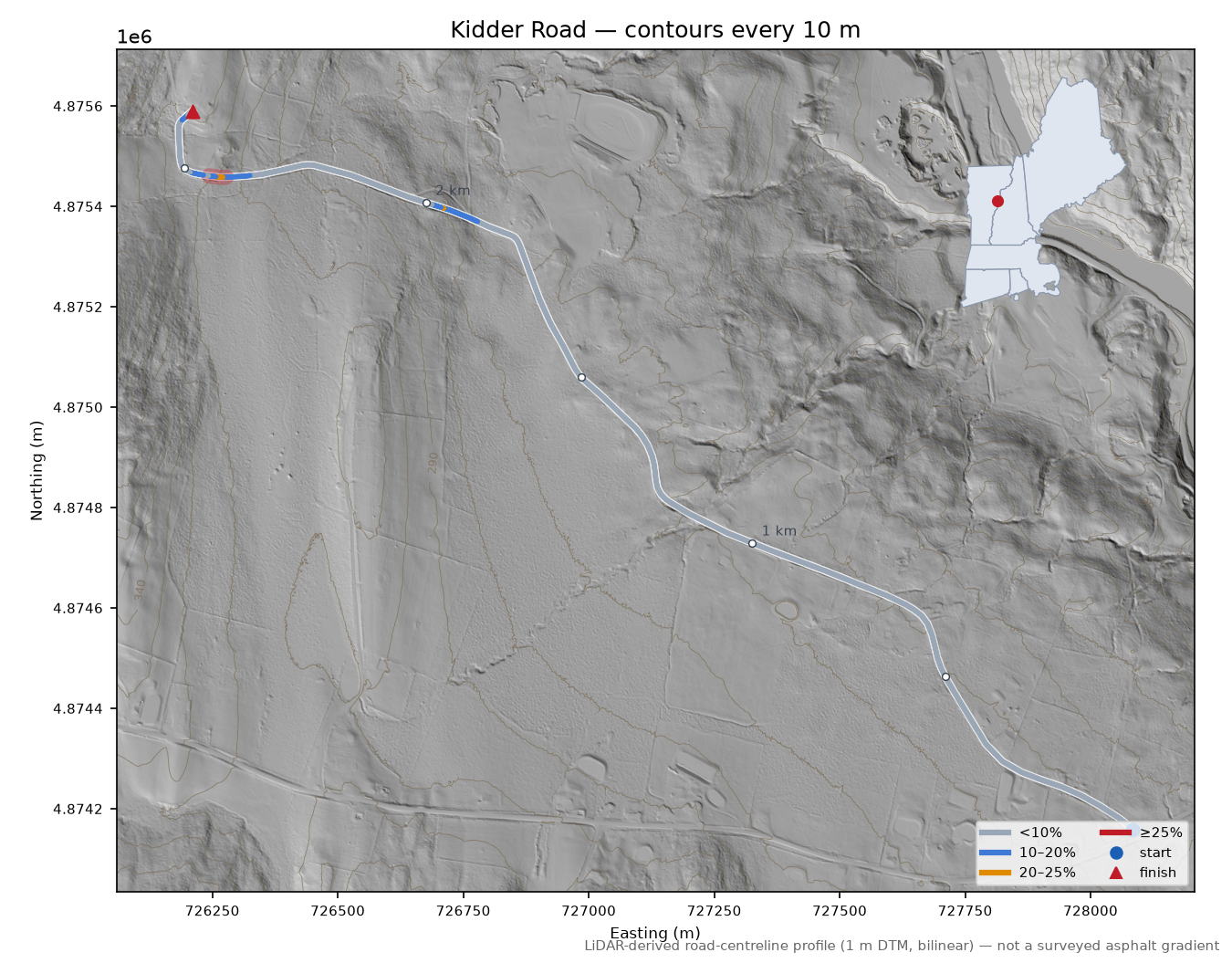 Kidder Road LiDAR hillshade map with contours