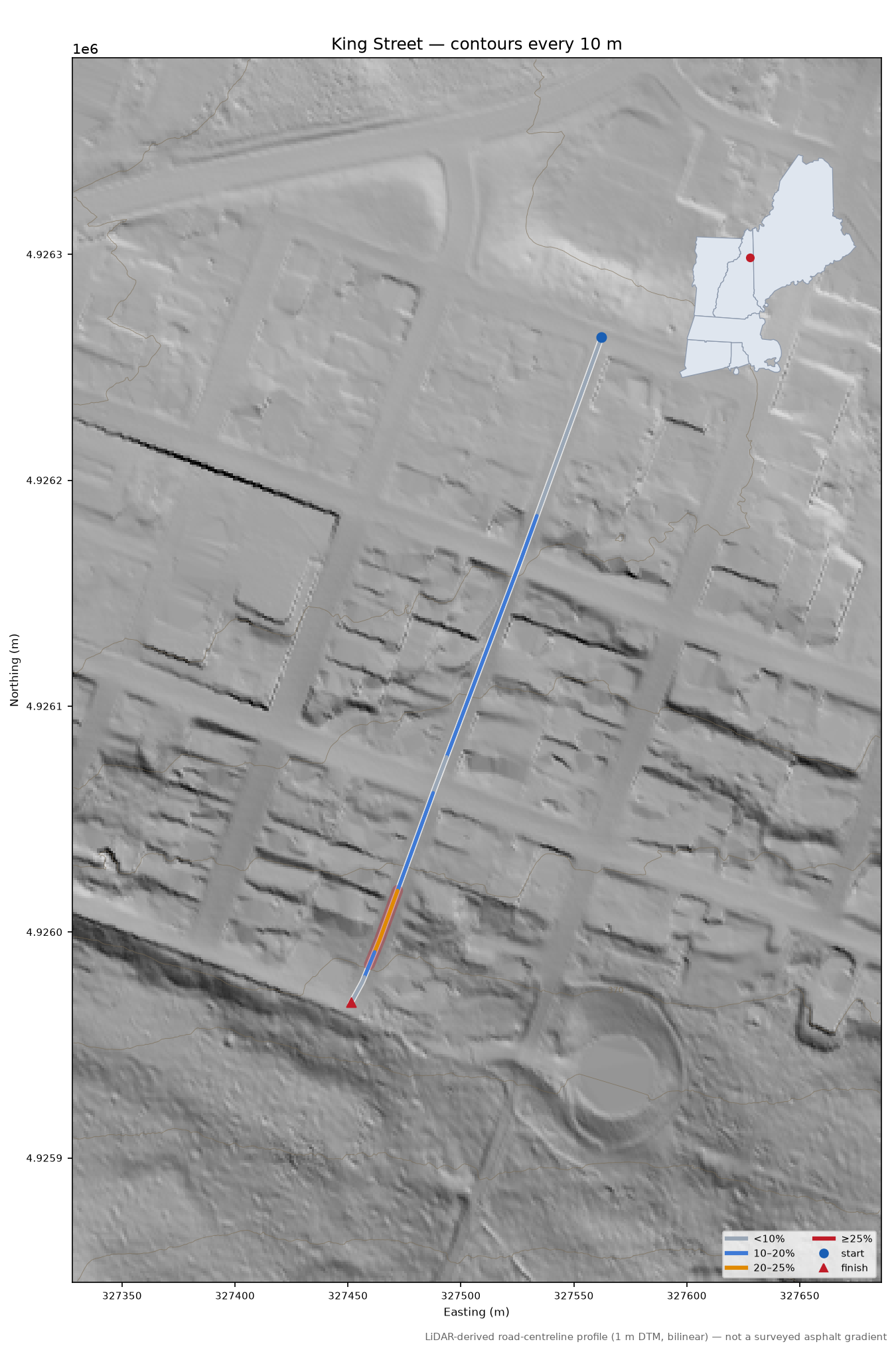 King Street LiDAR hillshade map with contours