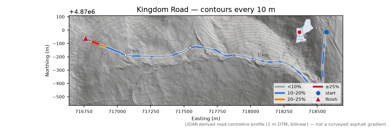 Kingdom Road LiDAR hillshade map with contours