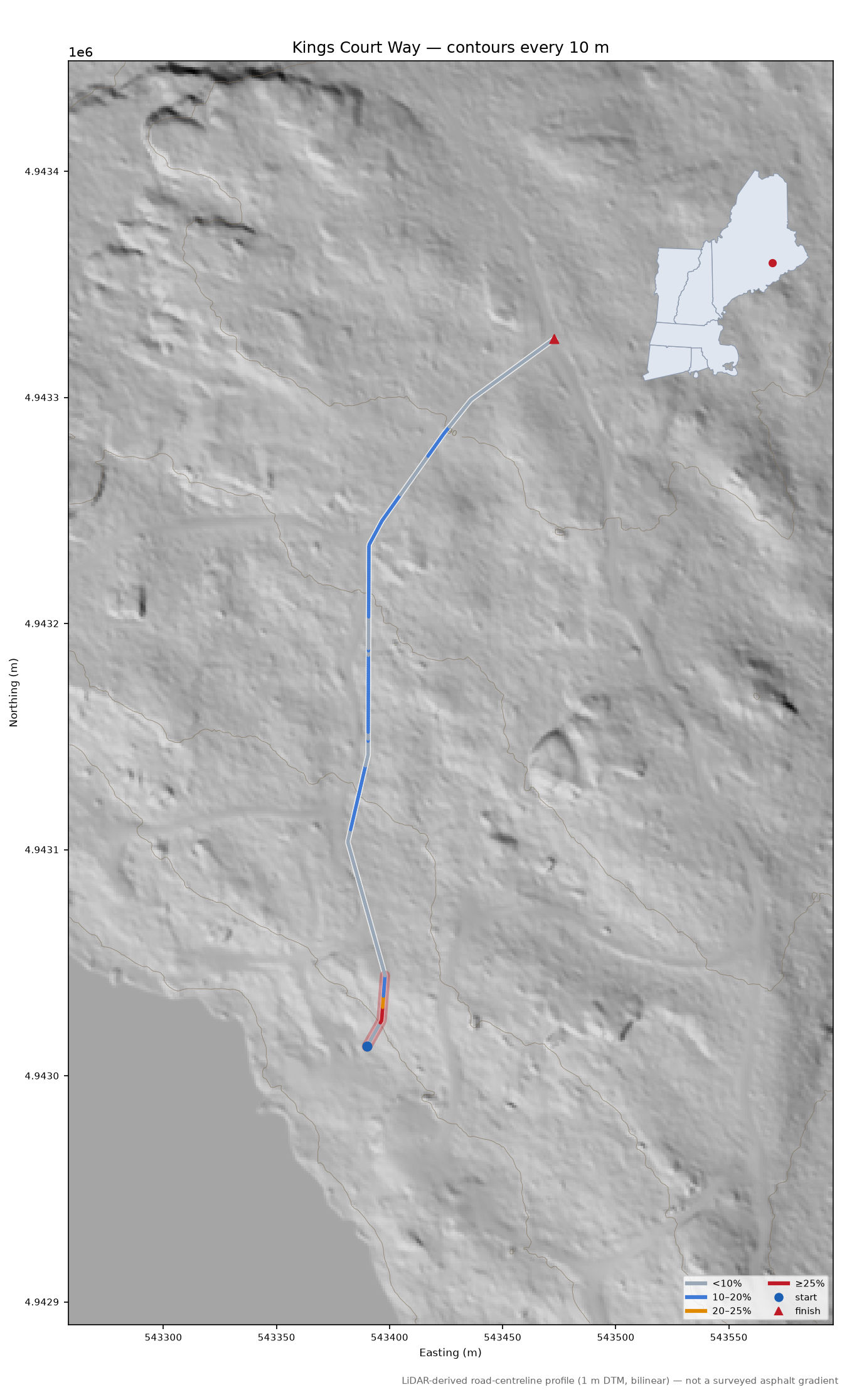 Kings Court Way LiDAR hillshade map with contours
