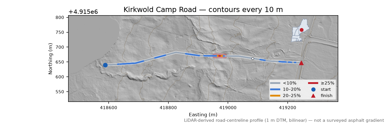Kirkwold Camp Road LiDAR hillshade map with contours