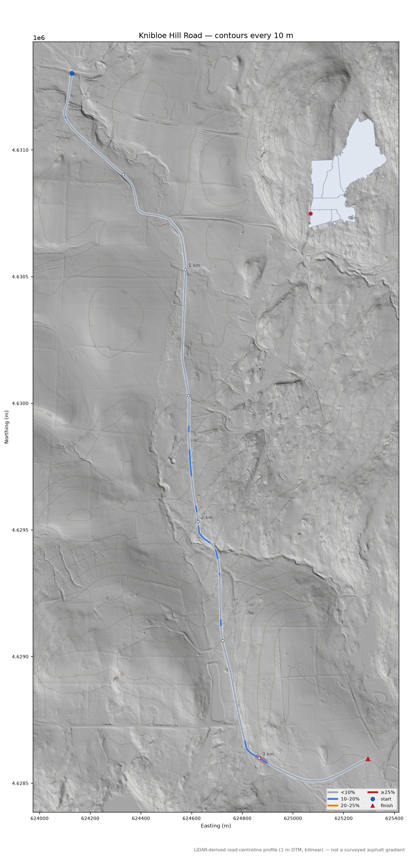 Knibloe Hill Road LiDAR hillshade map with contours