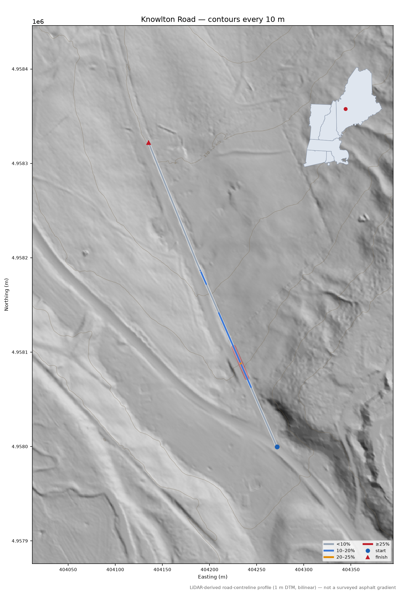 Knowlton Road LiDAR hillshade map with contours