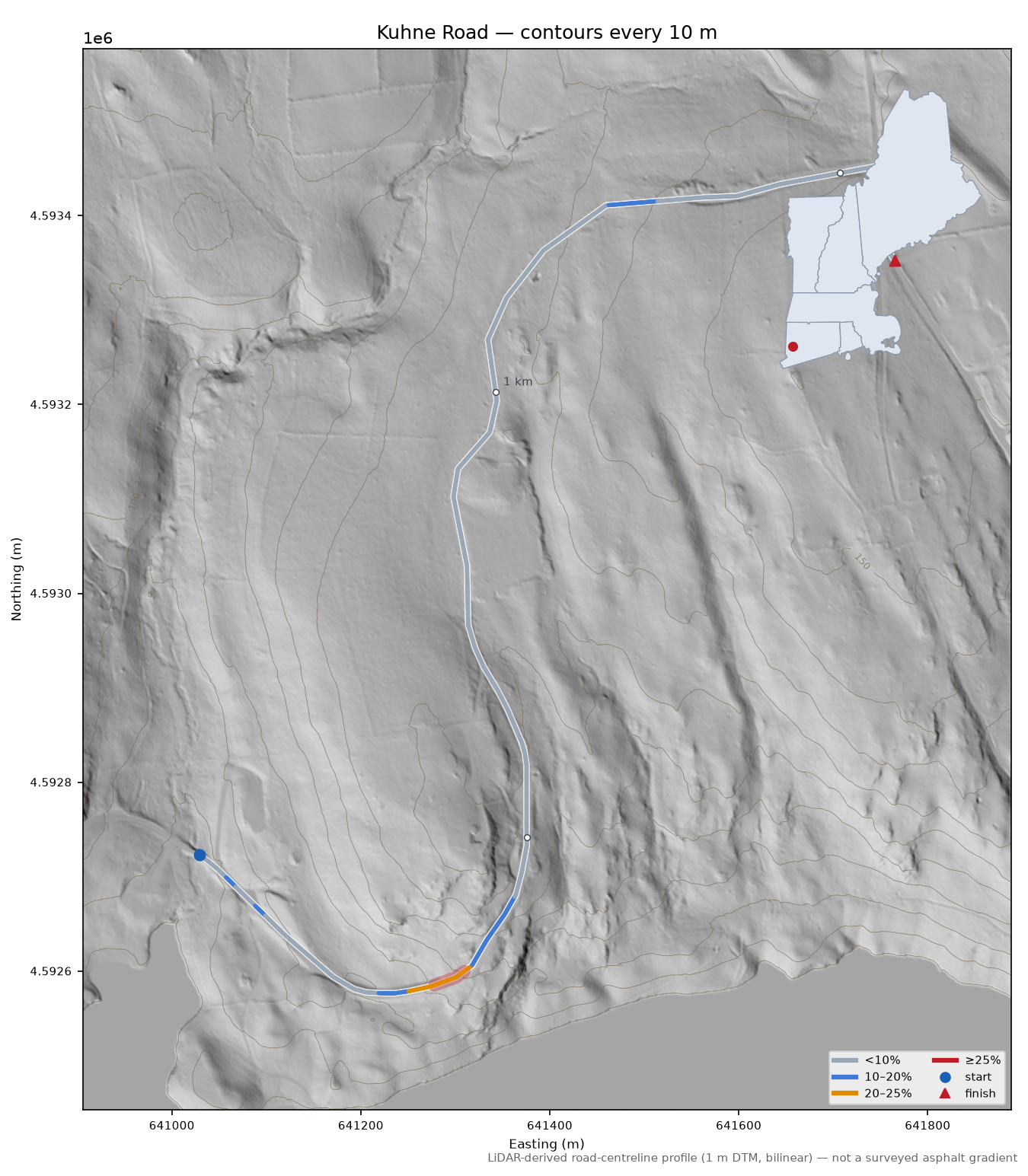 Kuhne Road LiDAR hillshade map with contours