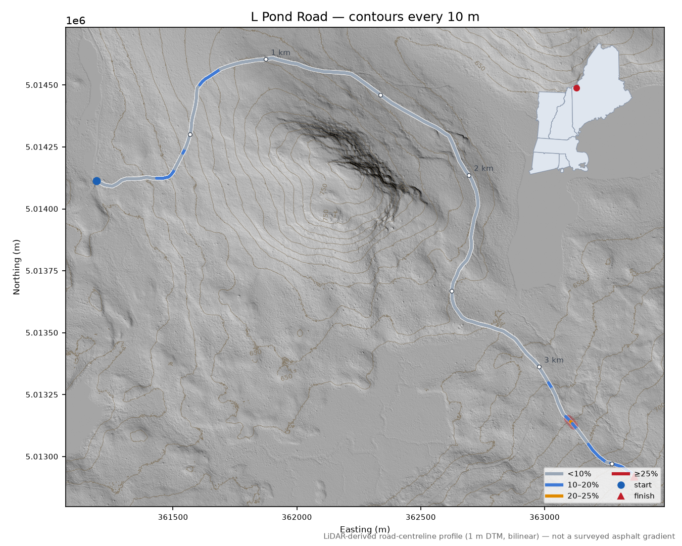 L Pond Road LiDAR hillshade map with contours