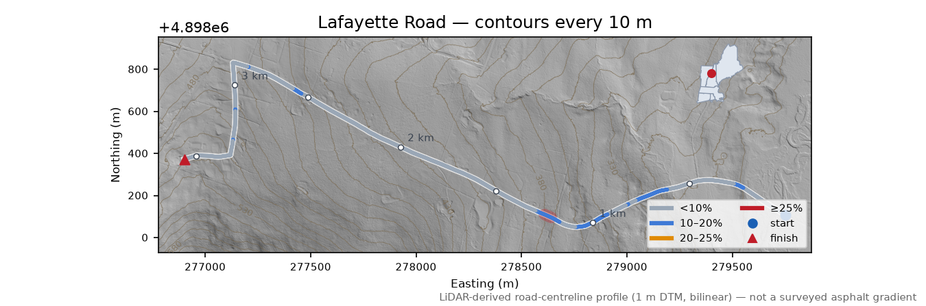 Lafayette Road LiDAR hillshade map with contours