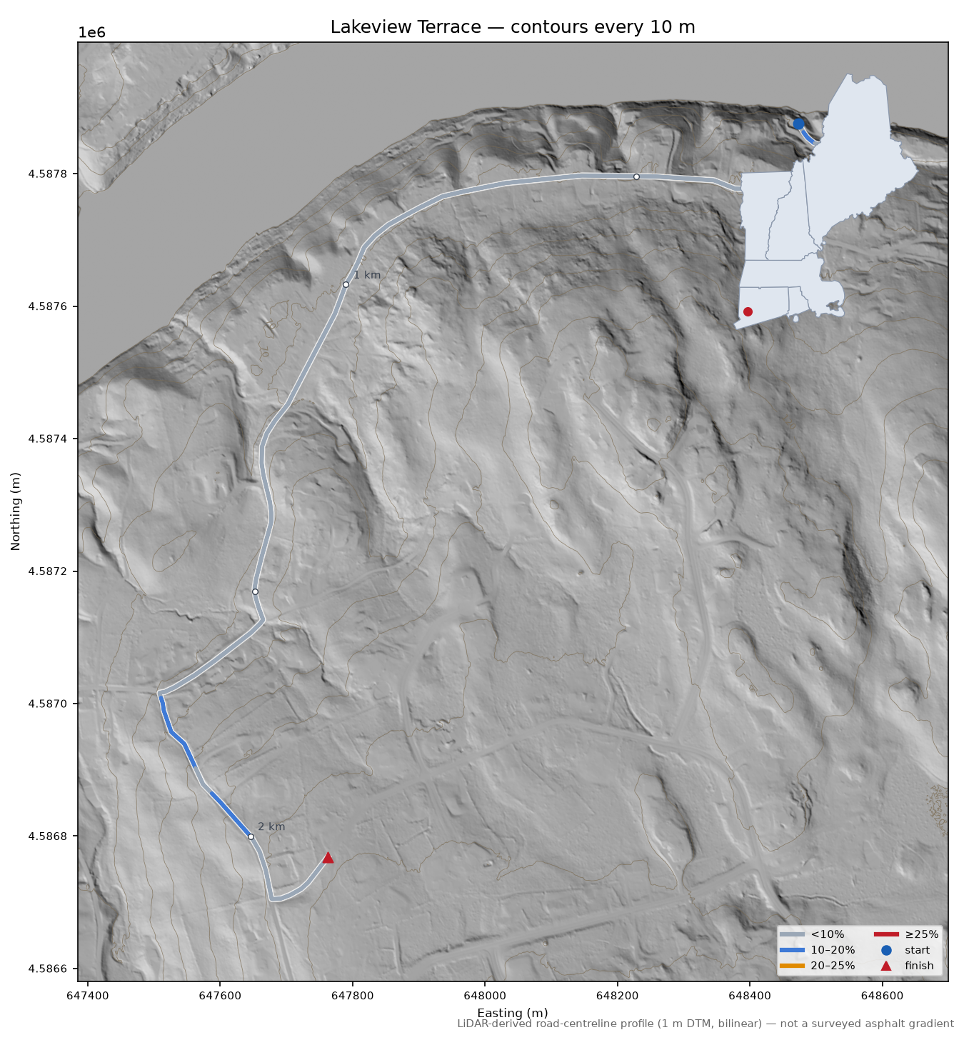 Lakeview Terrace LiDAR hillshade map with contours