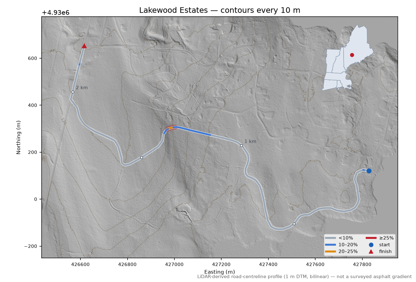 Lakewood Estates LiDAR hillshade map with contours