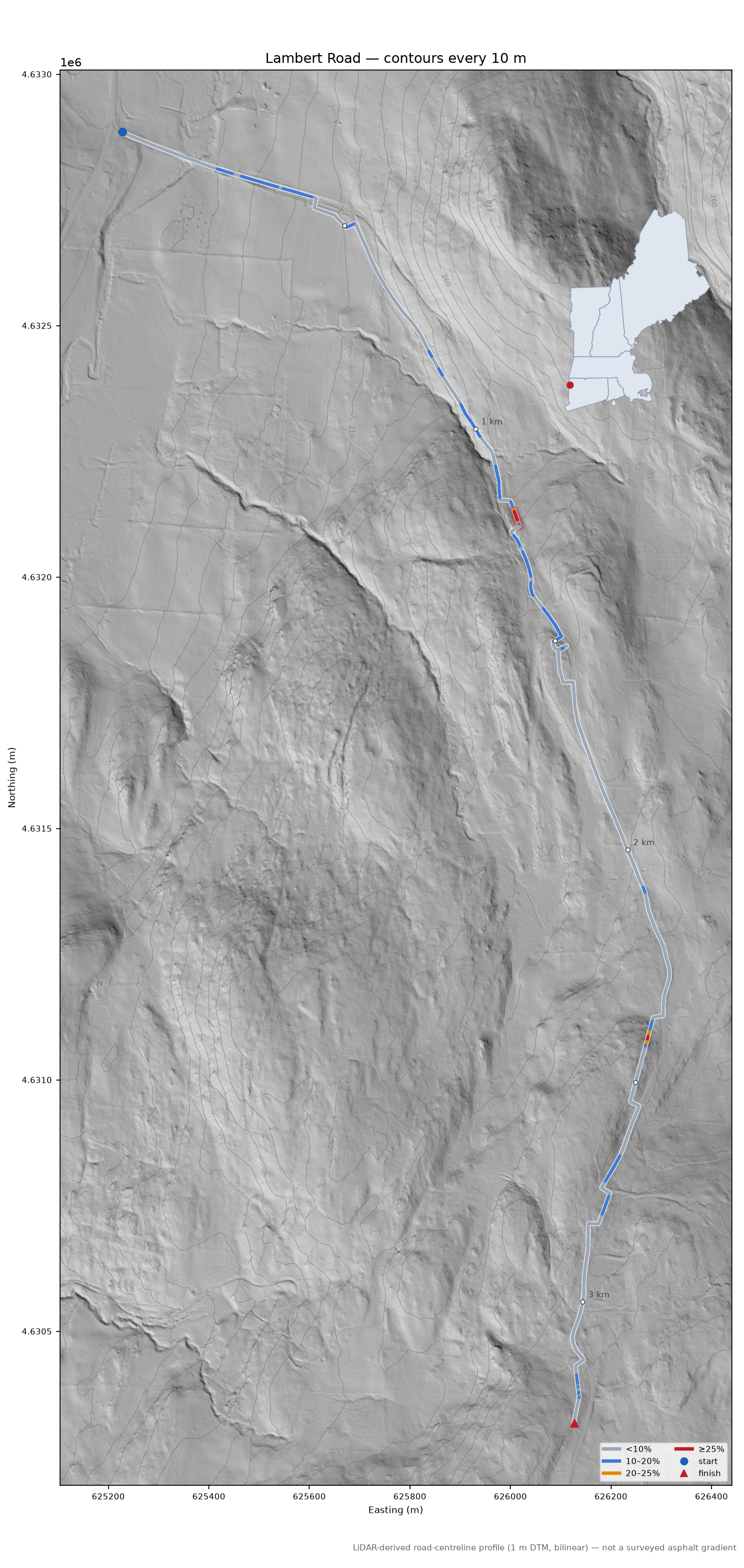 Lambert Road LiDAR hillshade map with contours