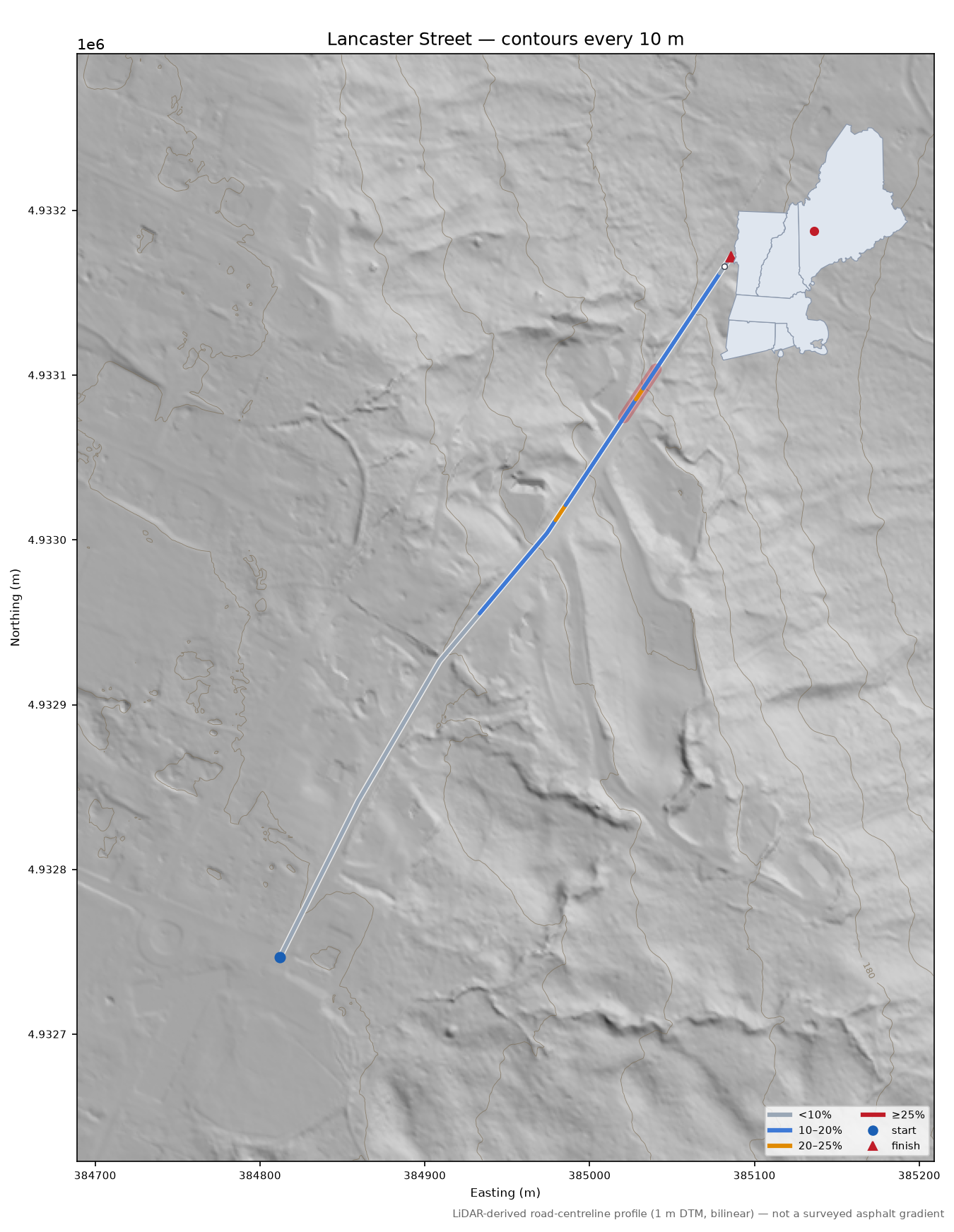 Lancaster Street LiDAR hillshade map with contours