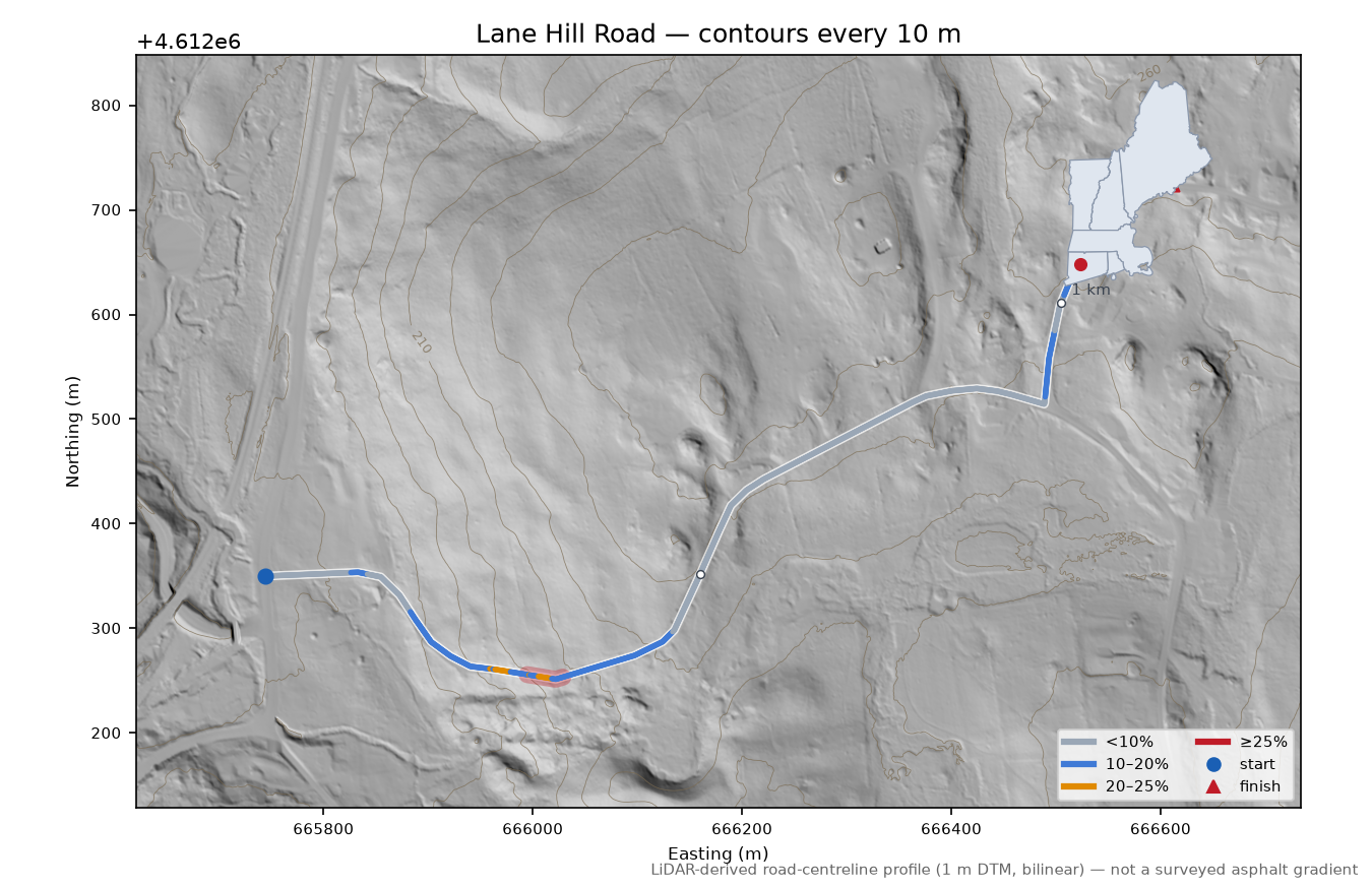 Lane Hill Road LiDAR hillshade map with contours