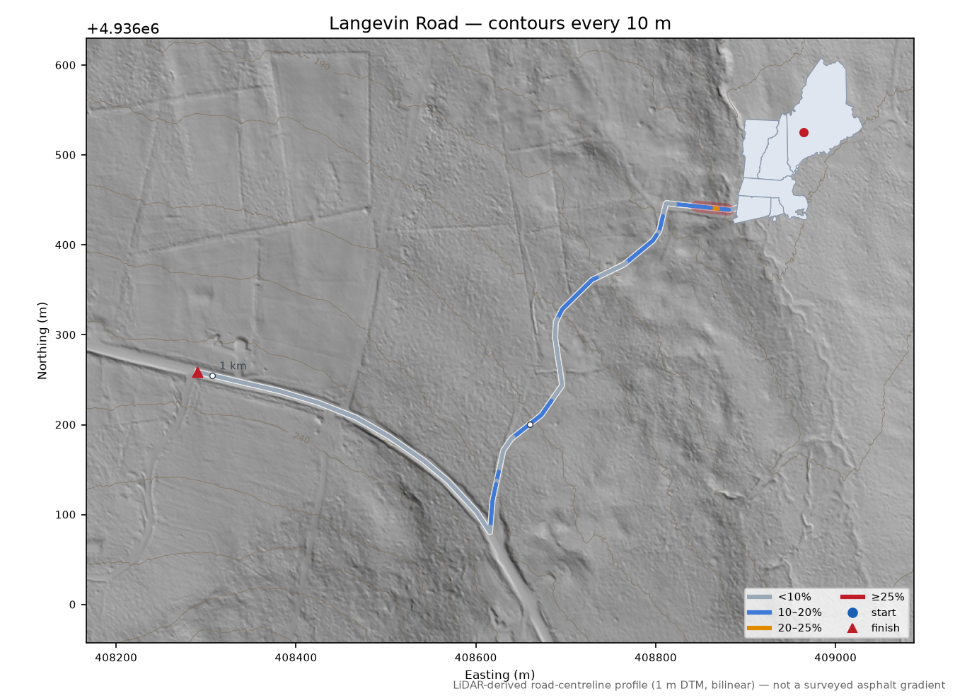 Langevin Road LiDAR hillshade map with contours