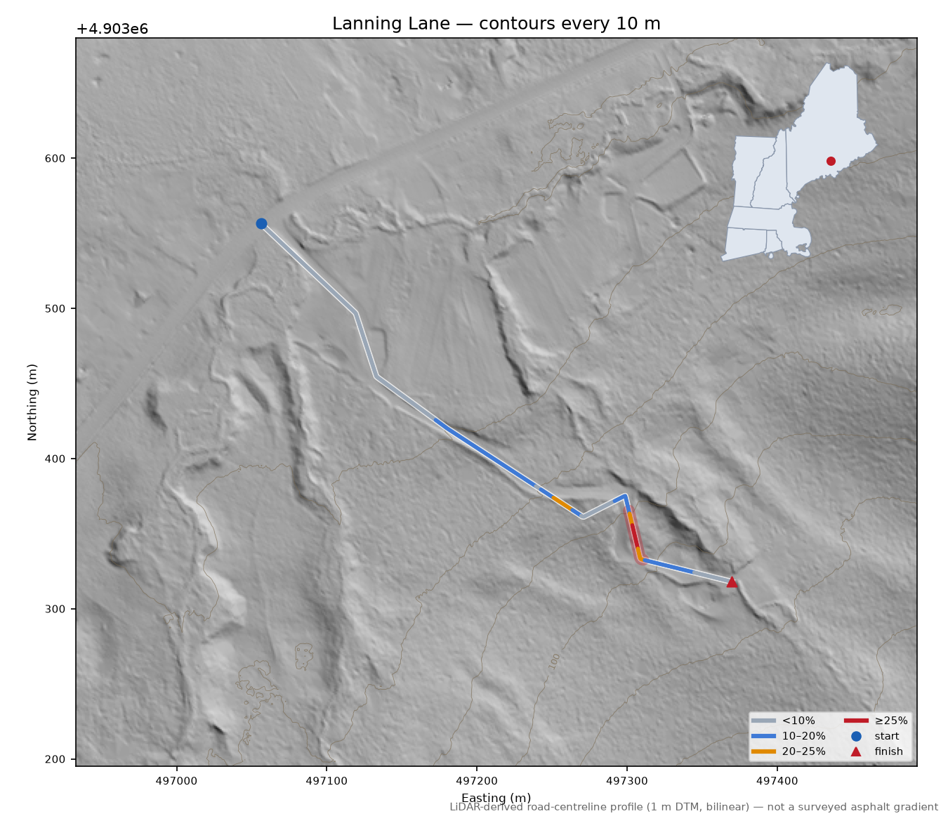 Lanning Lane LiDAR hillshade map with contours