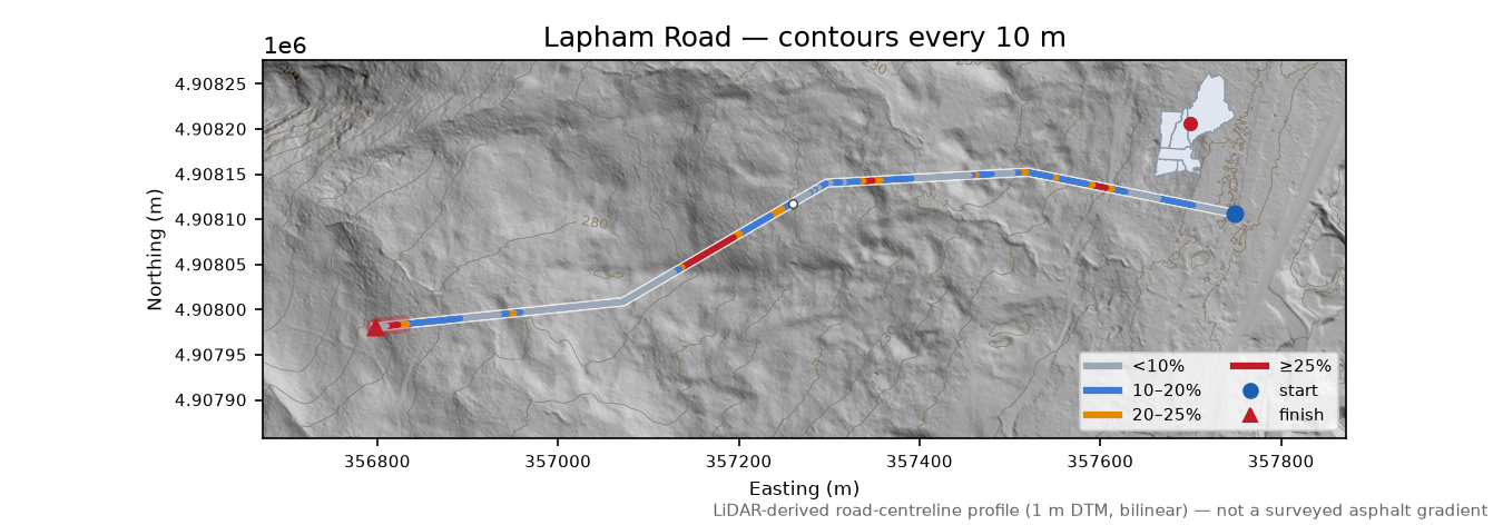 Lapham Road LiDAR hillshade map with contours