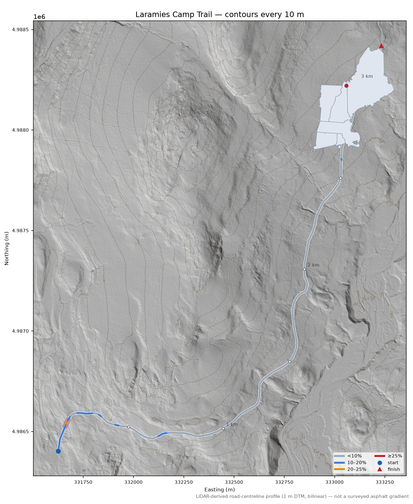 Laramies Camp Trail LiDAR hillshade map with contours