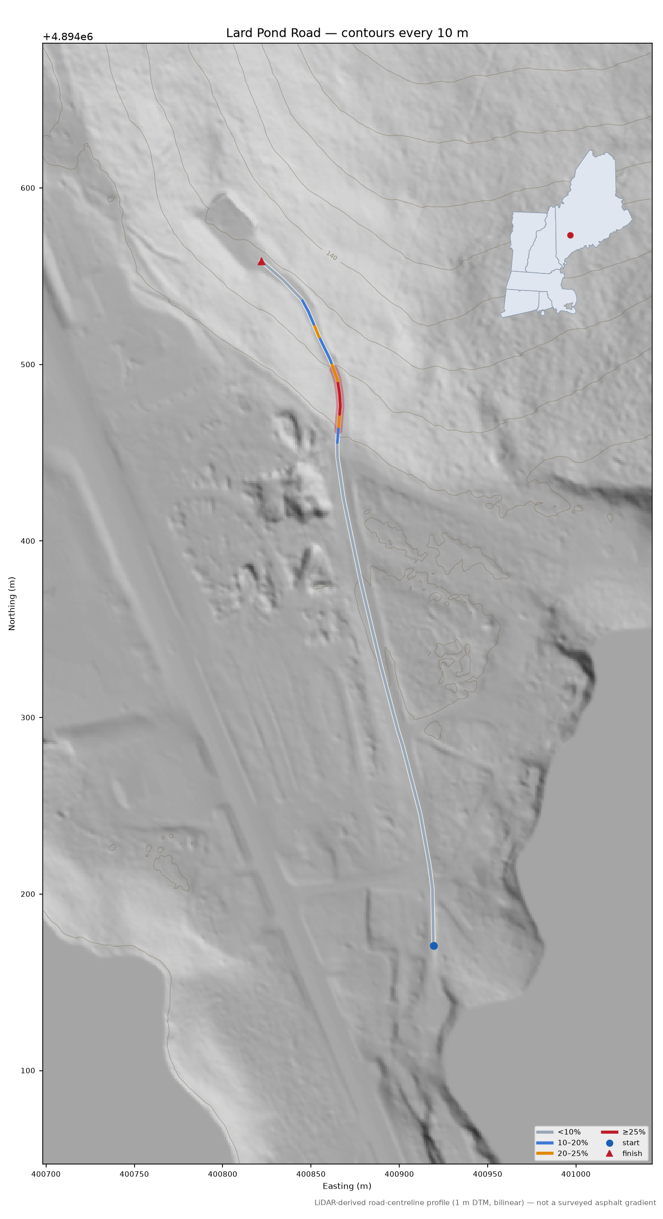 Lard Pond Road LiDAR hillshade map with contours
