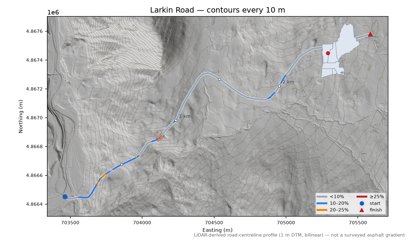 Larkin Road LiDAR hillshade map with contours