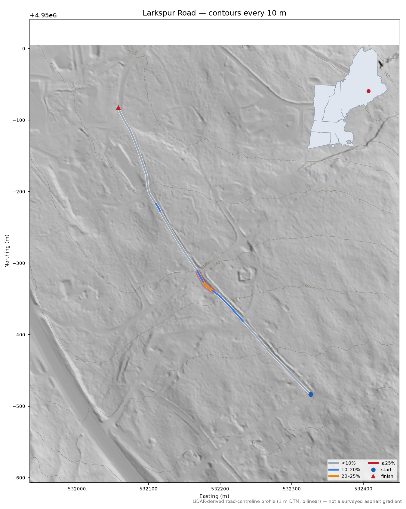 Larkspur Road LiDAR hillshade map with contours