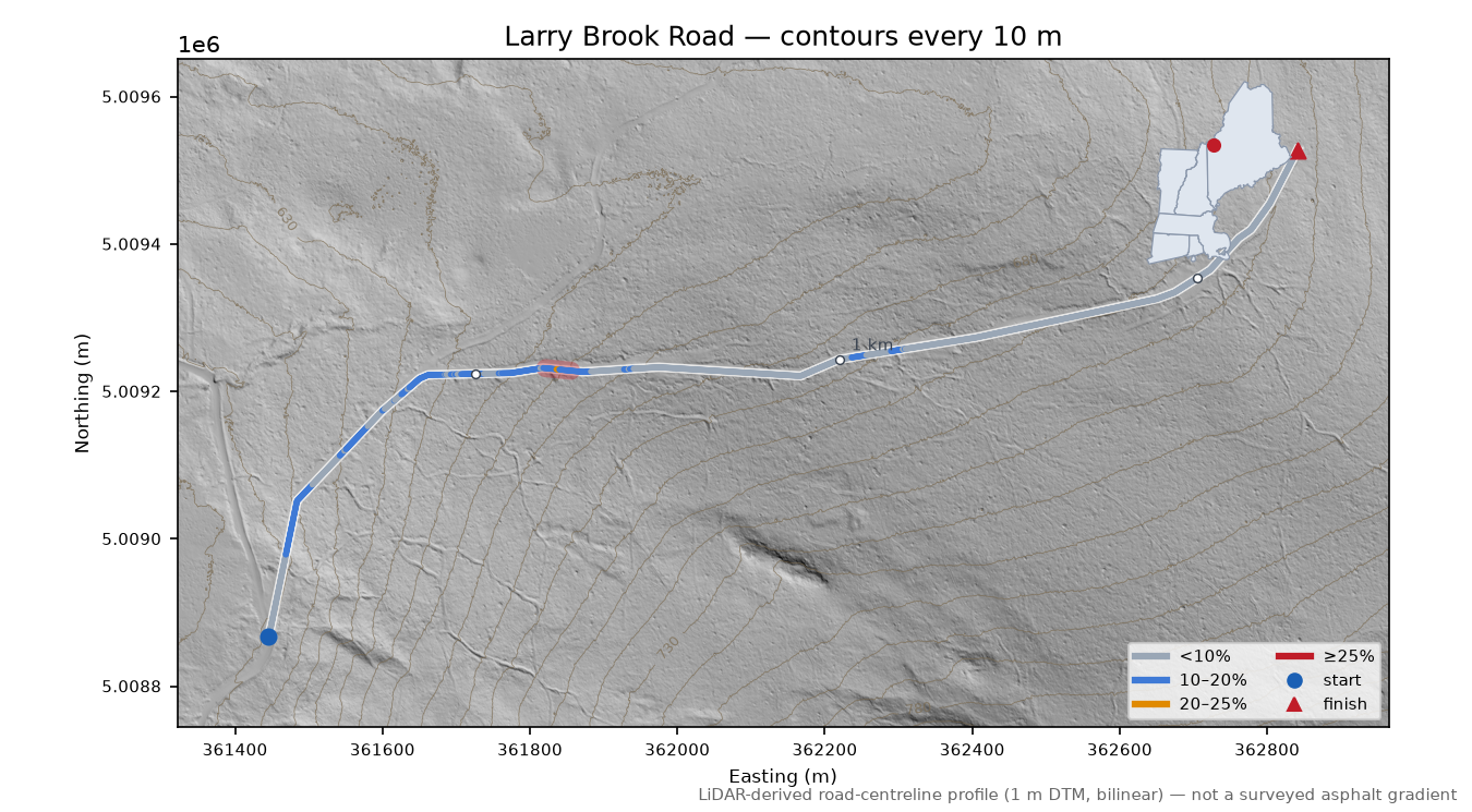 Larry Brook Road LiDAR hillshade map with contours