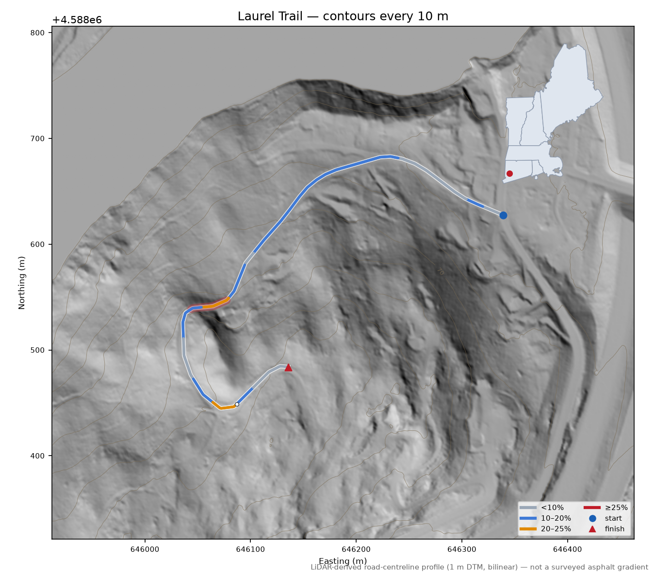 Laurel Trail LiDAR hillshade map with contours