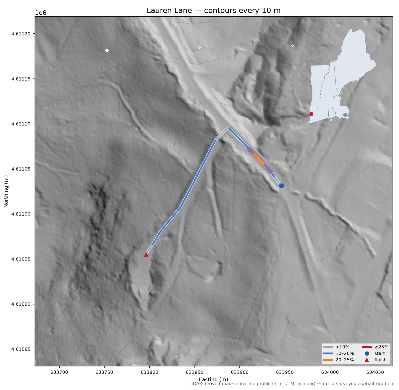 Lauren Lane LiDAR hillshade map with contours