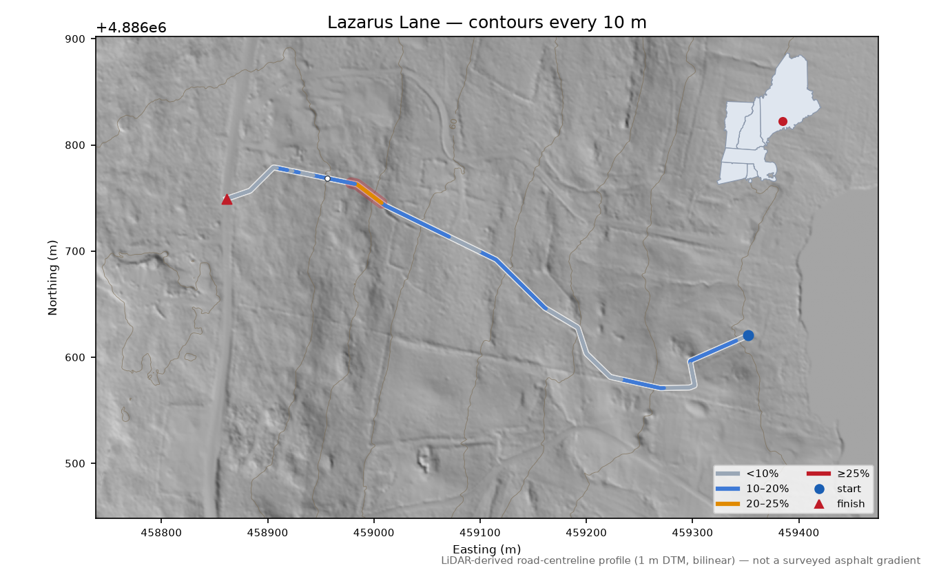 Lazarus Lane LiDAR hillshade map with contours
