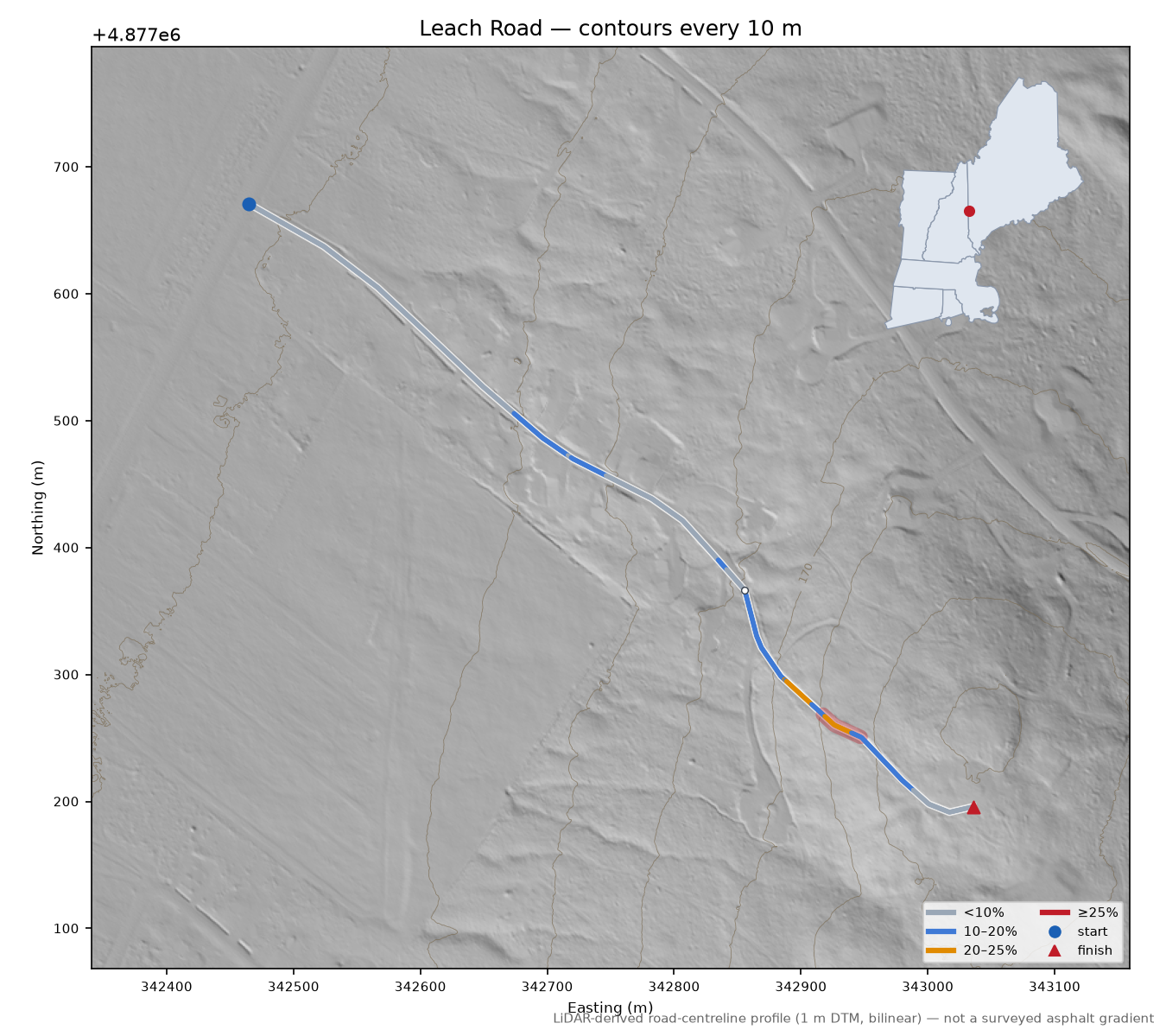 Leach Road LiDAR hillshade map with contours
