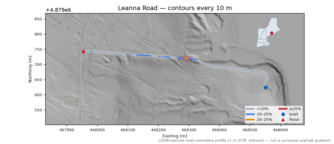 Leanna Road LiDAR hillshade map with contours
