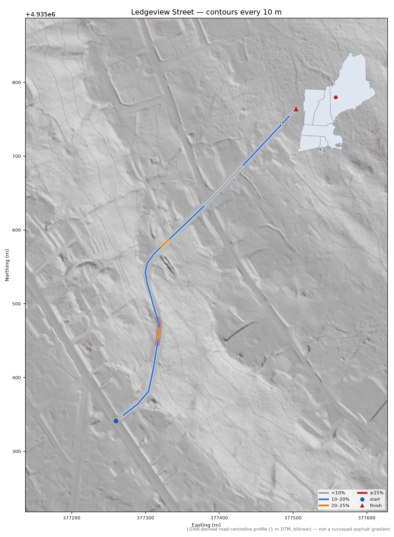 Ledgeview Street LiDAR hillshade map with contours