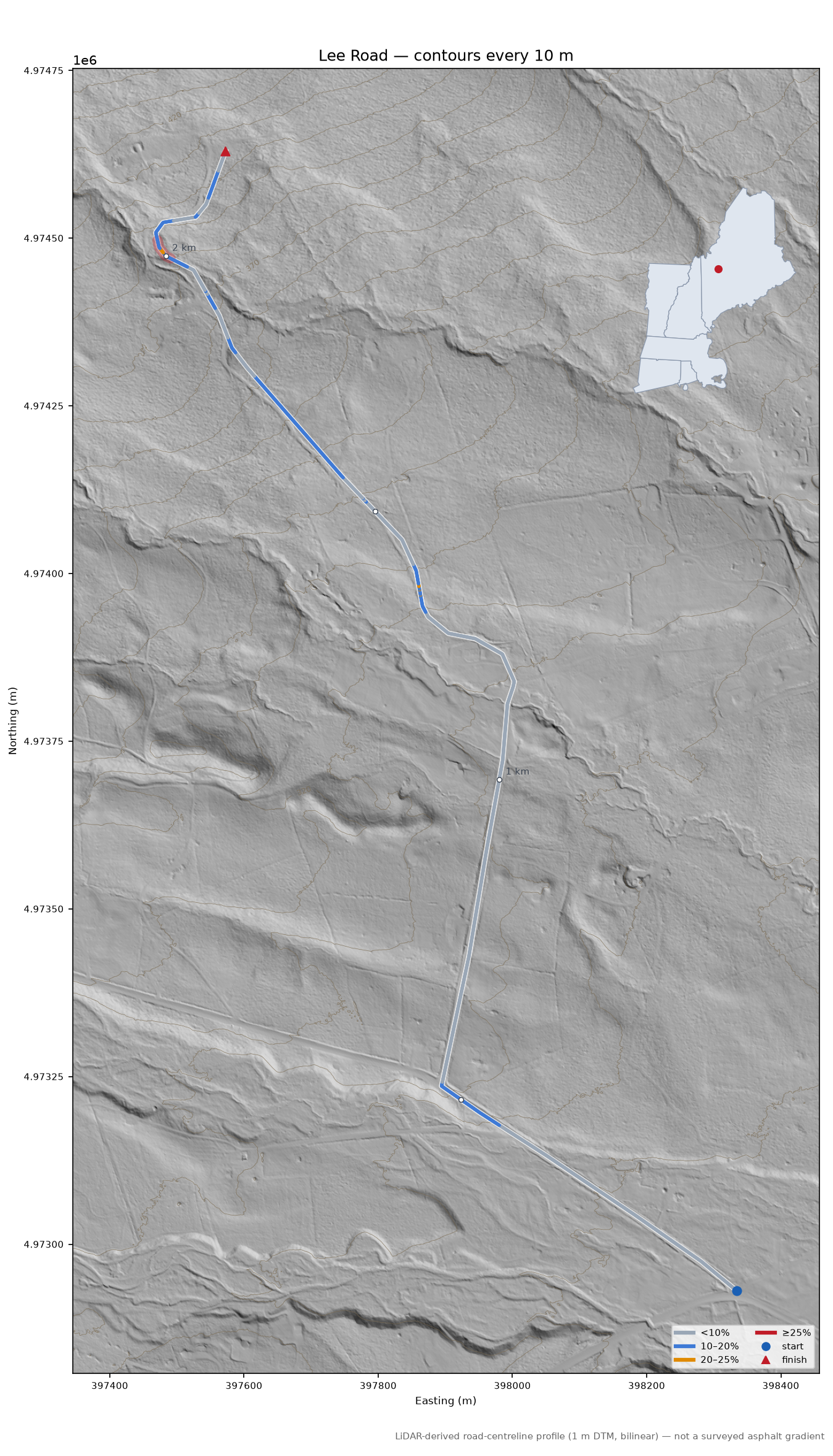 Lee Road LiDAR hillshade map with contours